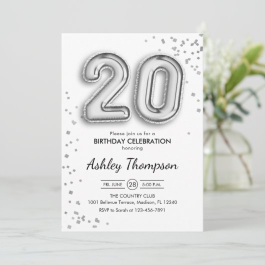 20e verjaardag - Zilveren ballonnen Kaart (Staand voorkant)