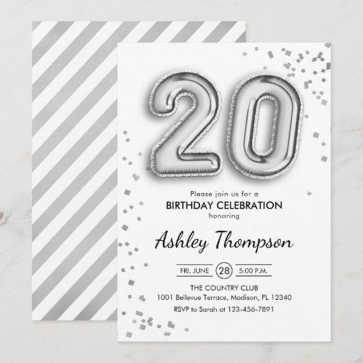 20e verjaardag - Zilveren ballonnen Kaart (Voorkant / Achterkant)