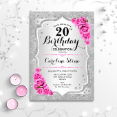20e verjaardag - Zilveren strepen roze rozen Kaart