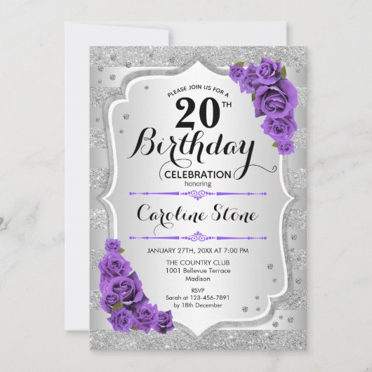 20e verjaardag - Zilveren Stripes Paarse Rozen Kaart (Voorkant)
