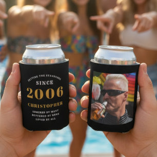 20e verjaardag zwart goud met naam en foto blikjeskoeler