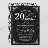20e verjaardag - Zwart Wit Damask Kaart (Voorkant / Achterkant)