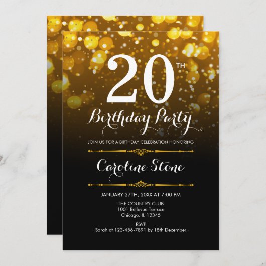 20e verjaardag - Zwart Wit Goud Kaart (Voorkant / Achterkant)