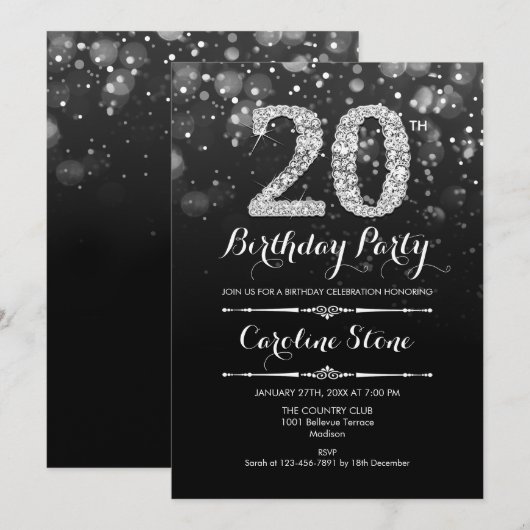 20e verjaardag - Zwart Zilver Kaart (Voorkant / Achterkant)