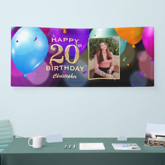20e verjaardag Zwarte en gouden ballonnen Foto Spandoek (Beurs)