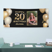 20e verjaardag Zwarte en gouden ballonnen Foto Spandoek (Beurs)