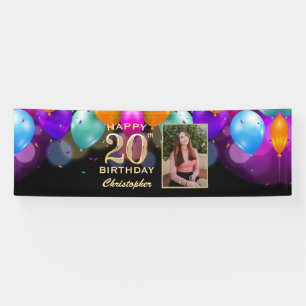 20e verjaardag Zwarte en gouden ballonnen Foto Spandoek