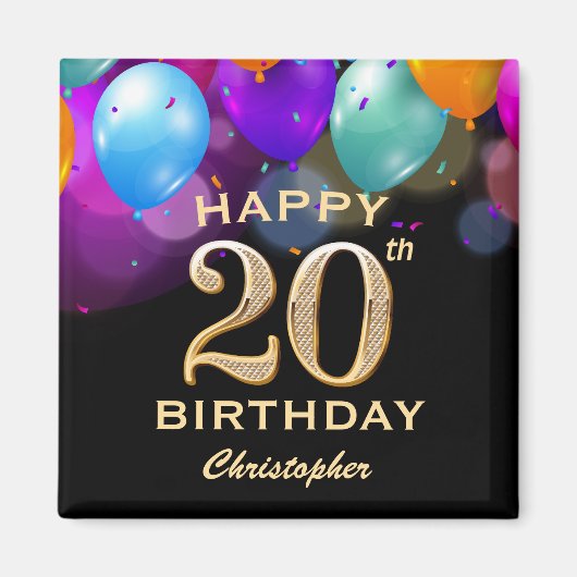20e verjaardag Zwarte en gouden ballonnen Magneet (Voorkant)