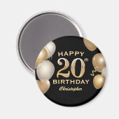 20e verjaardag Zwarte en gouden ballonnen Magneet (Voorkant / Achterkant)