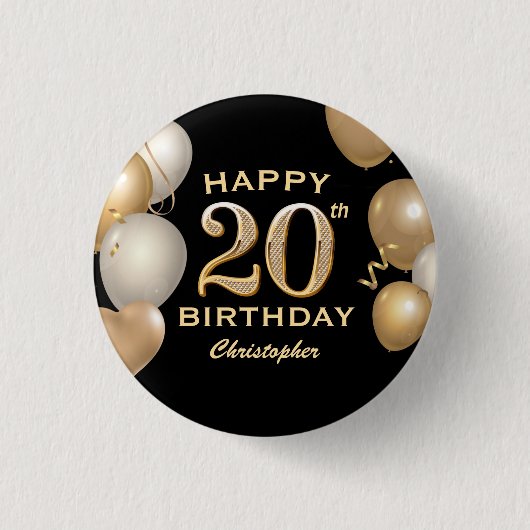 20e verjaardag Zwarte en gouden ballonnen Ronde Button 3,2 Cm (Voorkant)