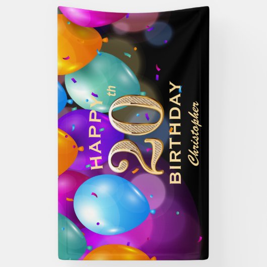 20e verjaardag Zwarte en gouden ballonnen Spandoek (Verticaal)