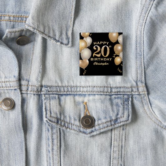 20e verjaardag Zwarte en gouden ballonnen Vierkante Button 5,1 Cm (In situ)