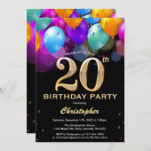 20e verjaardag zwarte en goudkleurige ballonnen kaart (Voorkant / Achterkant)