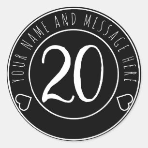 20e verjaardagsfeest eenvoudig modern zwart-wit ronde sticker