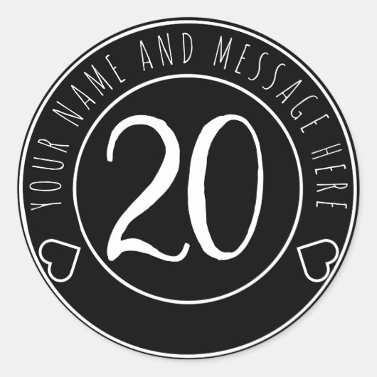20e verjaardagsfeest eenvoudig modern zwart-wit ronde sticker (Voorkant)