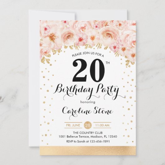 20e verjaardagsfeest - Gouden Bloemen Kaart (Voorkant)