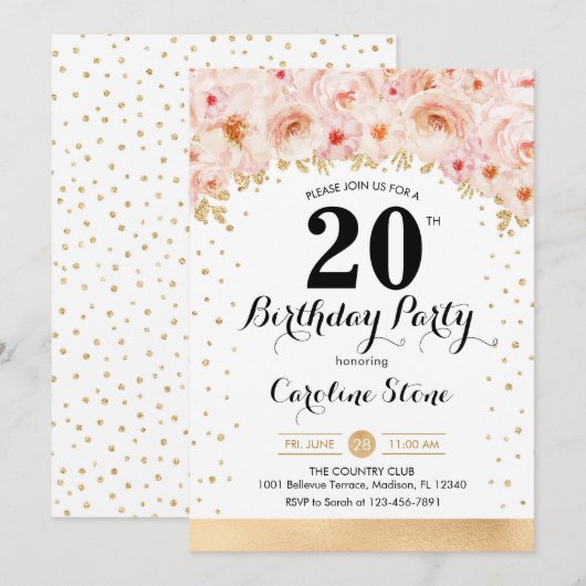 20e verjaardagsfeest - Gouden Bloemen Kaart (Voorkant / Achterkant)