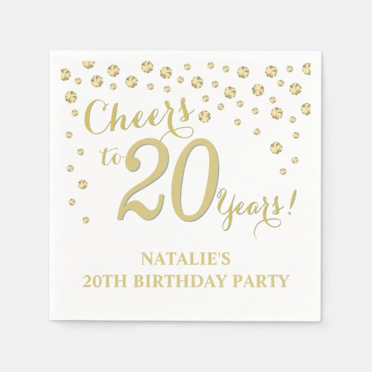 20e verjaardagsfeest Witte en Gouden Diamanten Ser Servet (Voorkant)