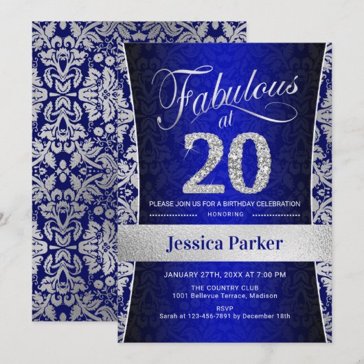 20e Verjaardagsfeest - Zilver Koningsblauw Kaart (Voorkant / Achterkant)