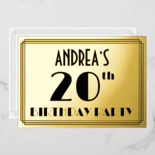 20e verjaardagsfeestje — Art Deco-look “20” + naam Folie Uitnodiging