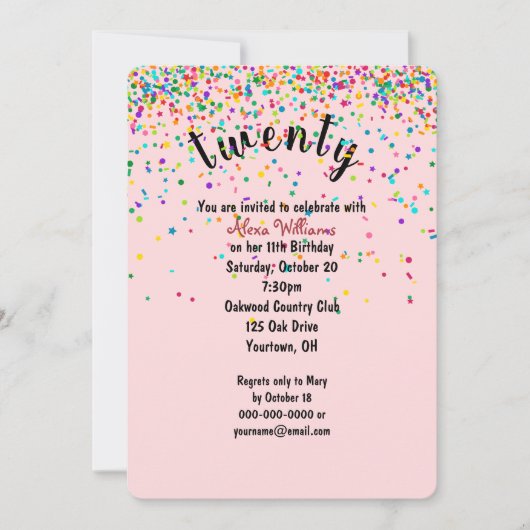 20e Verjaardagsfeestje confetti uitnodiging (Voorkant)