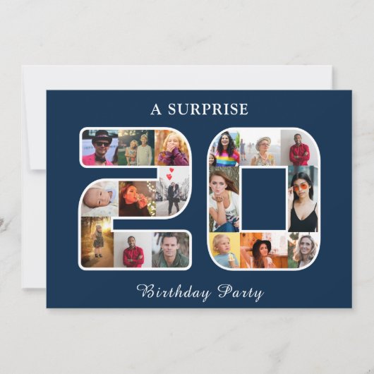 20e verjaardagsfeestje fotocollage blauw wit kaart (Voorkant)