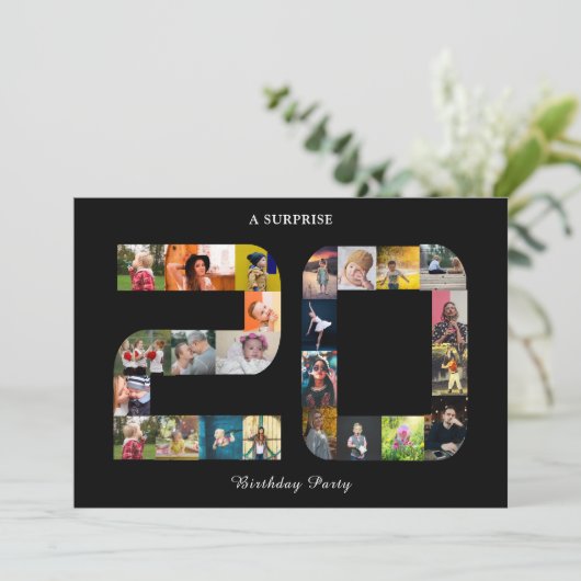 20e verjaardagsfeestje fotocollage zwart wit kaart (Staand voorkant)