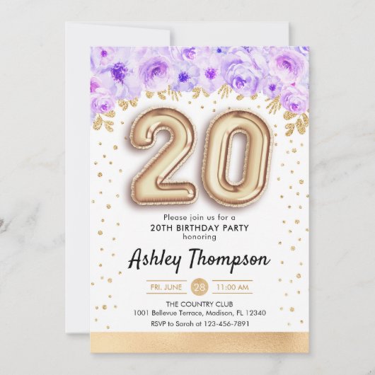 20e verjaardagsfeestje - gouden ballonnen Paarse Kaart (Voorkant)