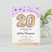20e verjaardagsfeestje - gouden ballonnen Paarse Kaart (Staand voorkant)