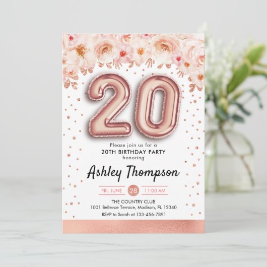 20e verjaardagsfeestje - Roos gouden ballonnen Kaart (Staand voorkant)