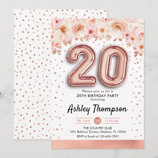20e verjaardagsfeestje - Roos gouden ballonnen Kaart (Voorkant / Achterkant)
