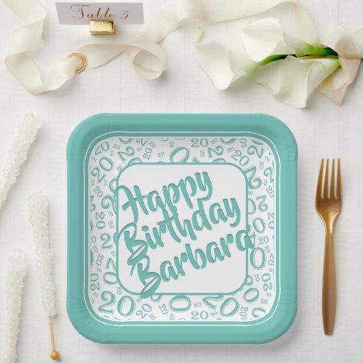 20e Verjaardagsfeestnummer Patroon Blauwgroen Wit Papieren Bordje (Huwelijk)