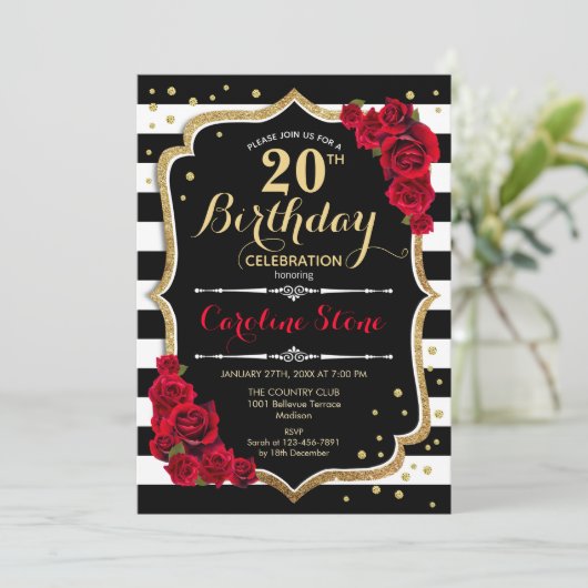 20e Verjaardagsuitnodiging Zwart Wit Strepen Rozen Kaart (Staand voorkant)