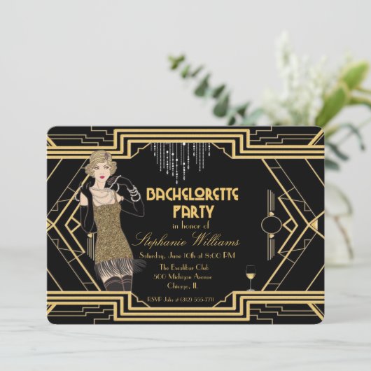 20s flapper art deco bachelorette uitnodiging (Staand voorkant)