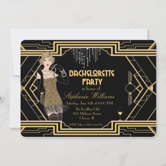 20s flapper art deco bachelorette uitnodiging (Voorkant)