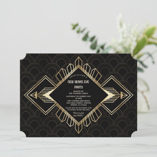  20s Gold Black Great Gatsby Nieuwjaar Kaart (Staand voorkant)