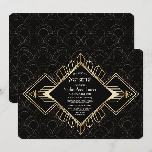  20s Gold Black Great Gatsby Sweet Sixteen Kaart (Voorkant / Achterkant)