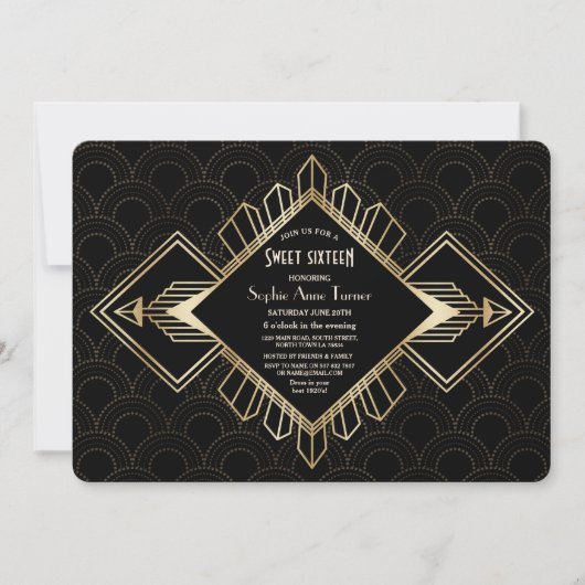 20s Gold Black Great Gatsby Sweet Sixteen Kaart (Voorkant)