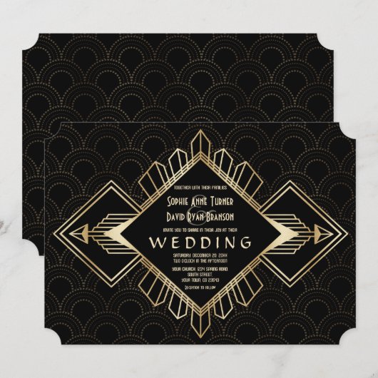  20s Gold Black Great Gatsby Wedding Kaart (Voorkant / Achterkant)