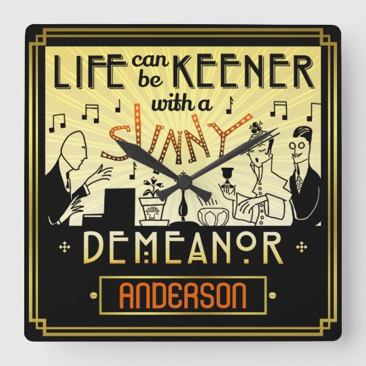 20s Retro Art Deco Sunny Demeanor Custom Name Vierkante Klok (Voorkant)