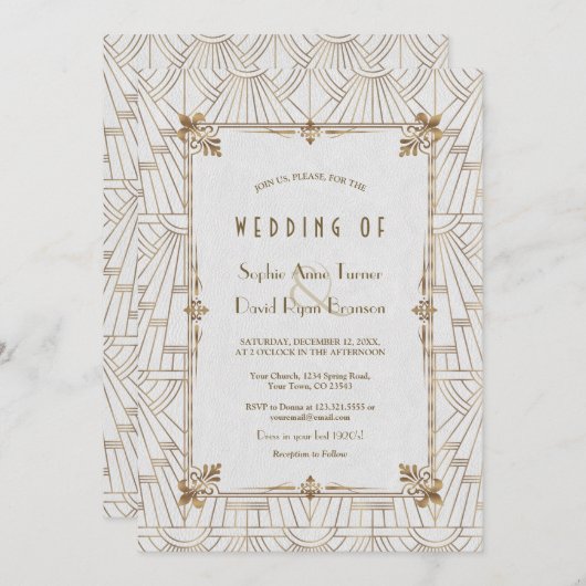 20s Royale Fleur-de-Lis Art Deco Goud Witte Trouw Kaart (Voorkant / Achterkant)