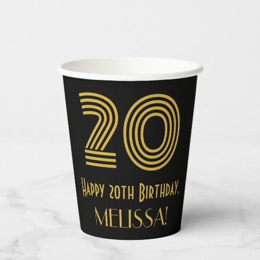 20ste verjaardag: Art Deco Geïnspireerde look "20" Papieren Bekers (Achterkant)