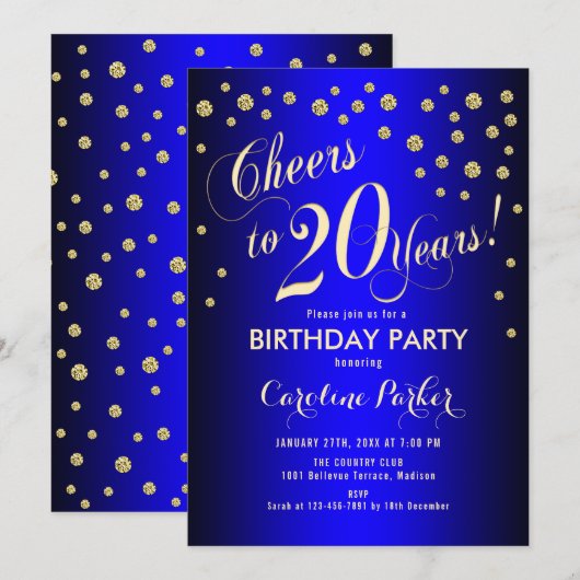 20ste verjaardagsfeestje - Gold Royal Blue Kaart (Voorkant / Achterkant)
