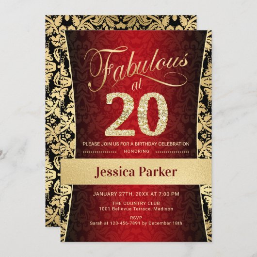 20ste verjaardagsfeestje - Goud Rood Zwart Kaart (Voorkant / Achterkant)