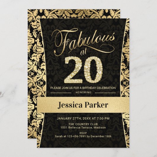 20ste verjaardagsfeestje - Goud Zwart Kaart (Voorkant / Achterkant)
