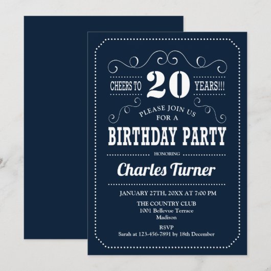20ste verjaardagsfeestje - Navy White Kaart (Voorkant / Achterkant)