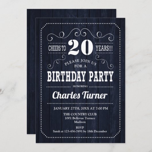 20ste verjaardagsfeestje - Navy Wood Pattern Kaart (Voorkant / Achterkant)