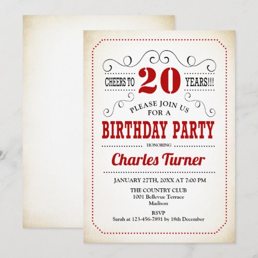 20ste verjaardagsfeestje - Retro Creamy Wit en Roo Kaart (Voorkant / Achterkant)