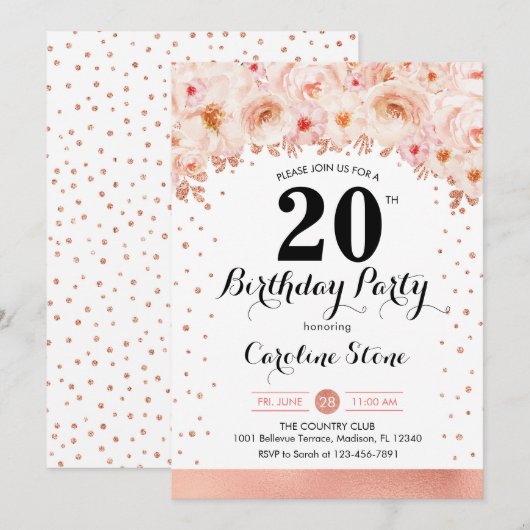 20ste verjaardagsfeestje - Roos Gold Flowers Kaart (Voorkant / Achterkant)
