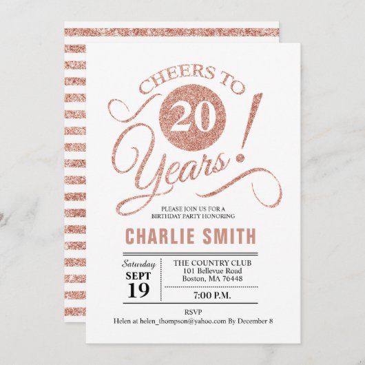 20ste verjaardagsfeestje - Roos Gold White Kaart (Voorkant / Achterkant)